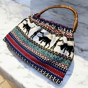 VINTAGE PORTUGAL. Tapestry Bag Wood Handles Handbag Acores Running of The Bulls